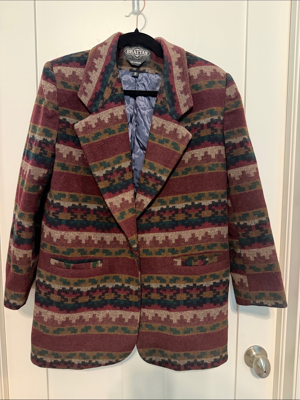 Braetan Vintage Burgundy and Green Southwest Patterned Wool-Blend Blazer Size S